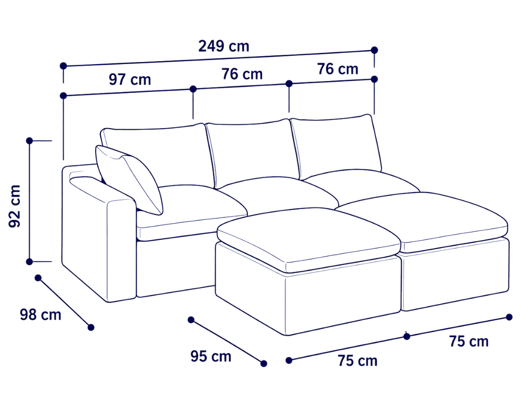 Sofá modular Cloud 3 plazas con 1 reposabrazos y 2 pouf