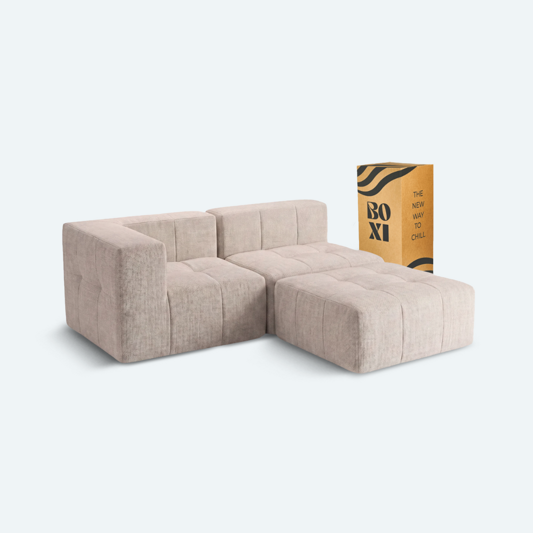 Sofá modular Bold 2 plazas con 1 reposabrazos y pouf