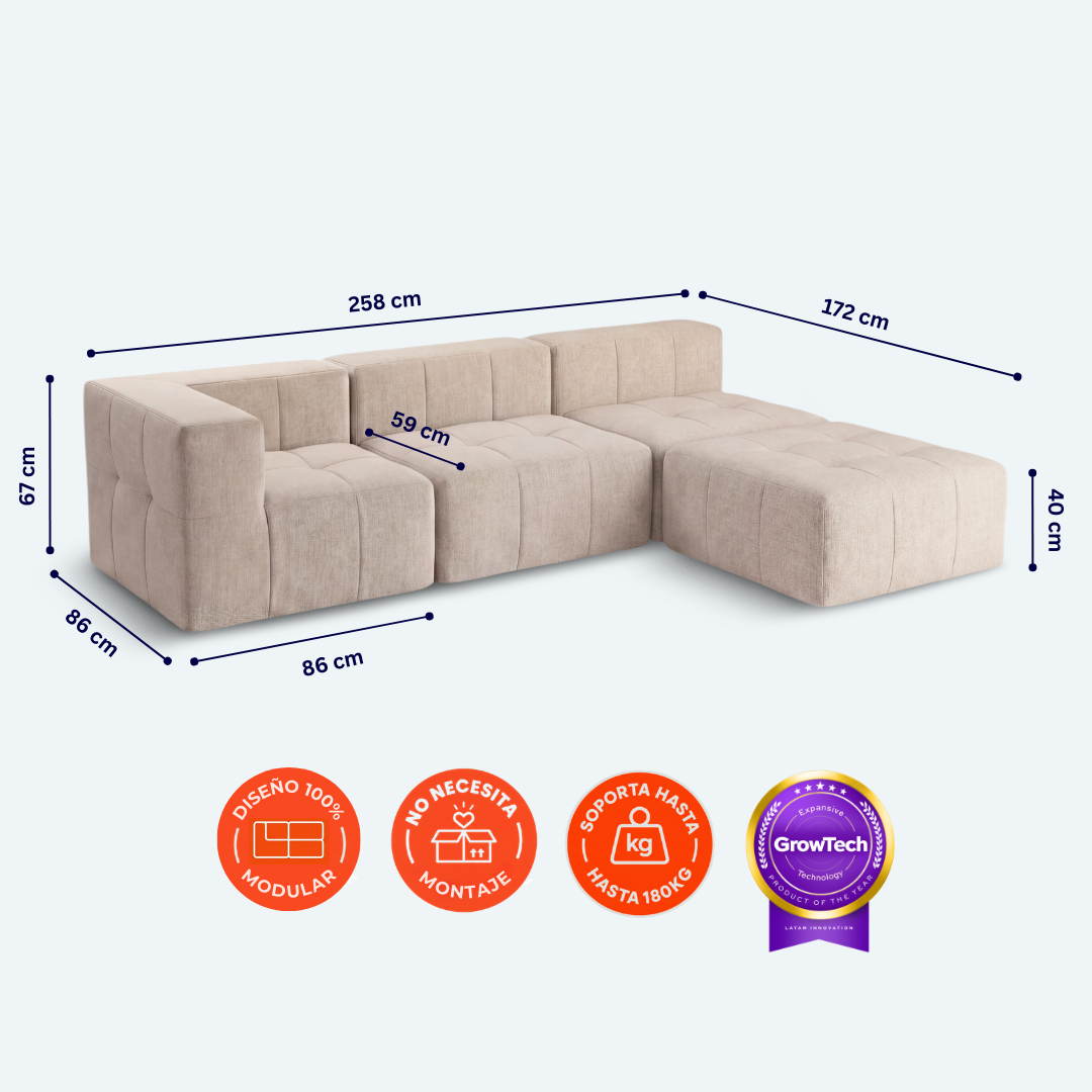 Sofá modular Bold 3 plazas con 1 reposabrazos y pouf