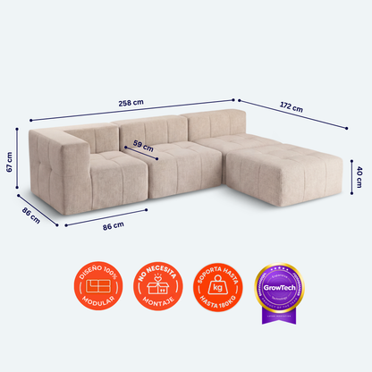 Sofá modular Bold 3 plazas con 1 reposabrazos y pouf