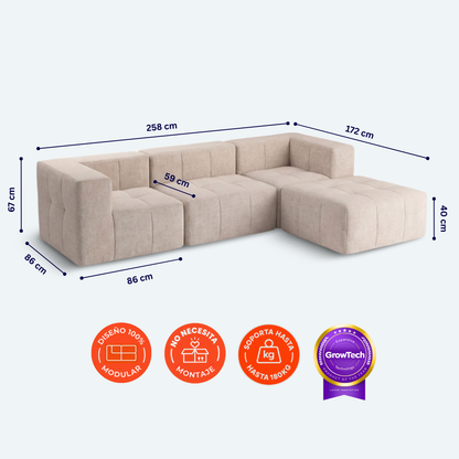 Sofá modular Bold 3 plazas con 2 reposabrazos y pouf