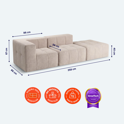 Sofá modular Bold 2 plazas con 1 reposabrazos y pouf