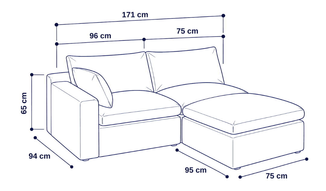 Sofá modular Cloud 2 plazas con 1 reposabrazos y pouf