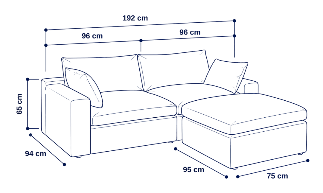 Sofá modular Cloud 2 plazas con 2 reposabrazos y pouf