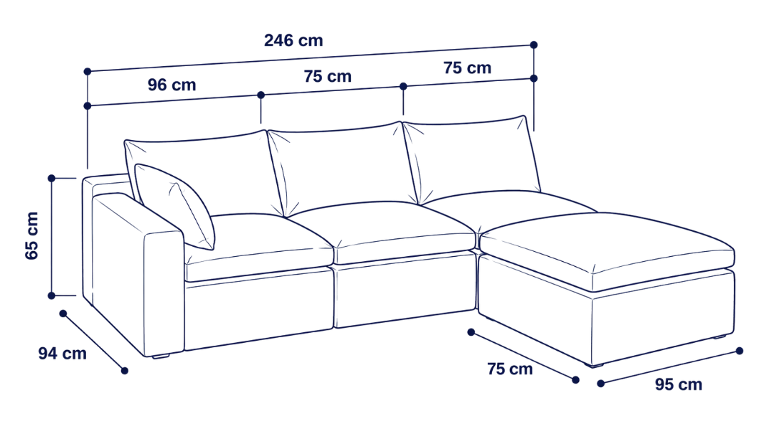 Sofá modular Cloud 3 plazas con 1 reposabrazos y pouf