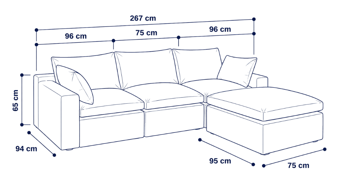 Sofá modular Cloud 3 plazas con 2 reposabrazos y pouf