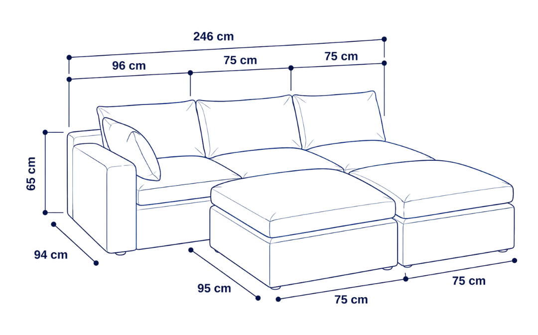 Sofá modular Cloud 3 plazas con 1 reposabrazos y 2 pouf