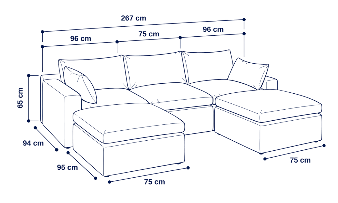 Sofá modular Cloud 3 plazas con 2 reposabrazos y 2 pouf