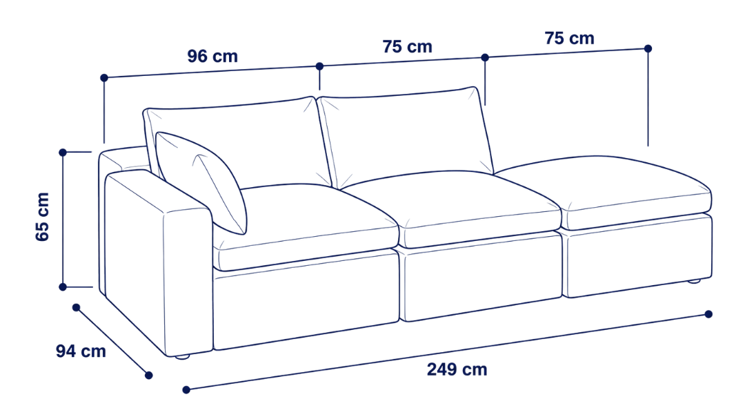 Sofá modular Cloud 2 plazas con 1 reposabrazos y pouf
