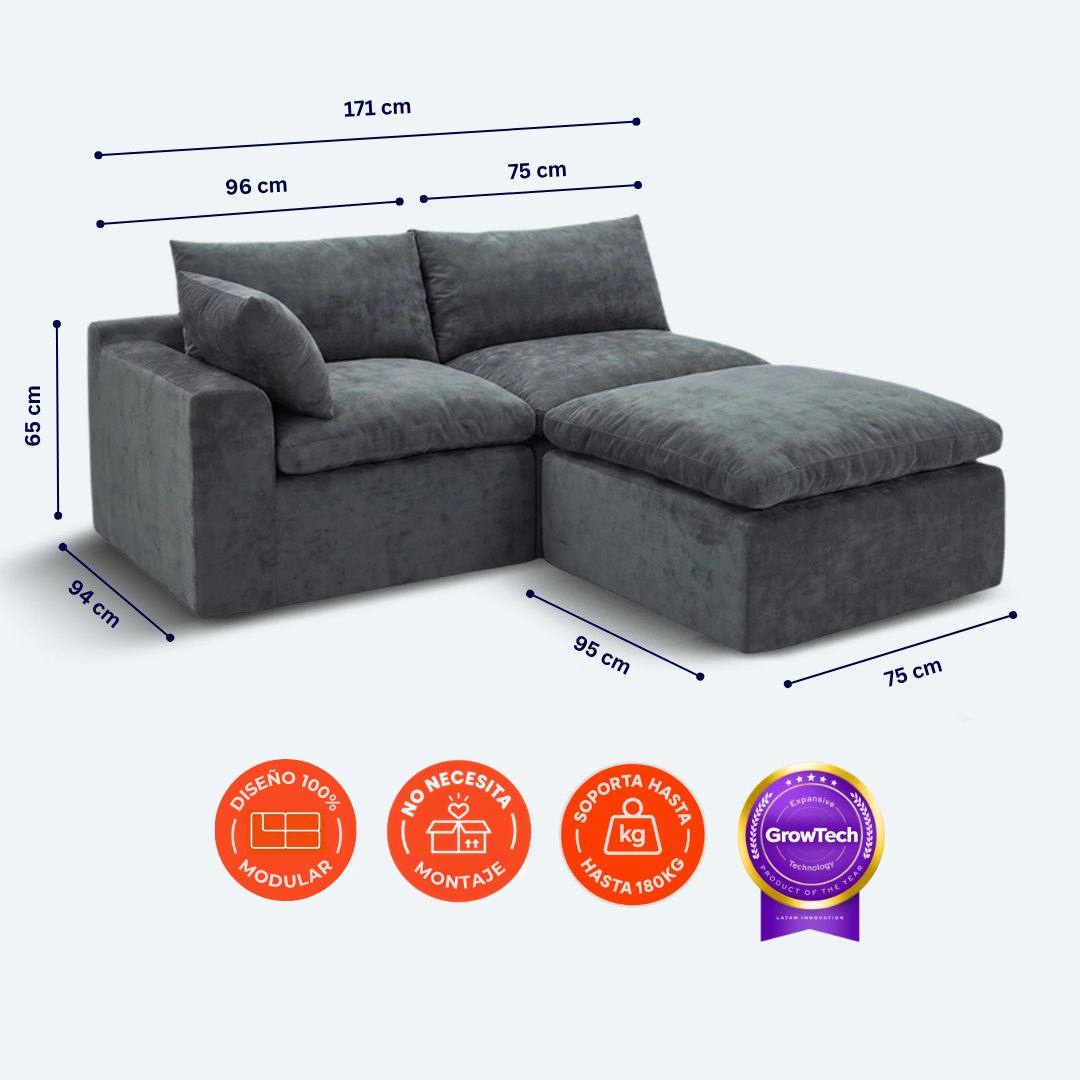 Sofá modular Cloud 2 plazas con 1 reposabrazos y pouf