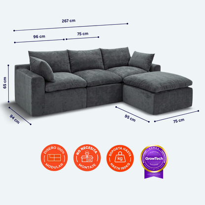 Sofá modular Cloud 3 plazas con 2 reposabrazos y pouf
