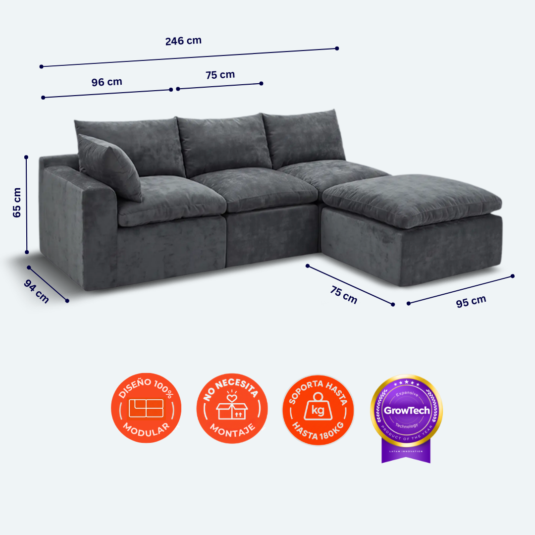 Sofá modular Cloud 3 plazas con 1 reposabrazos y pouf
