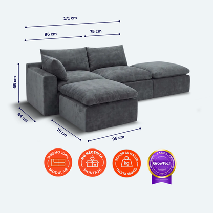 Sofá modular Cloud 2 plazas con 1 reposabrazos y 2 pouf