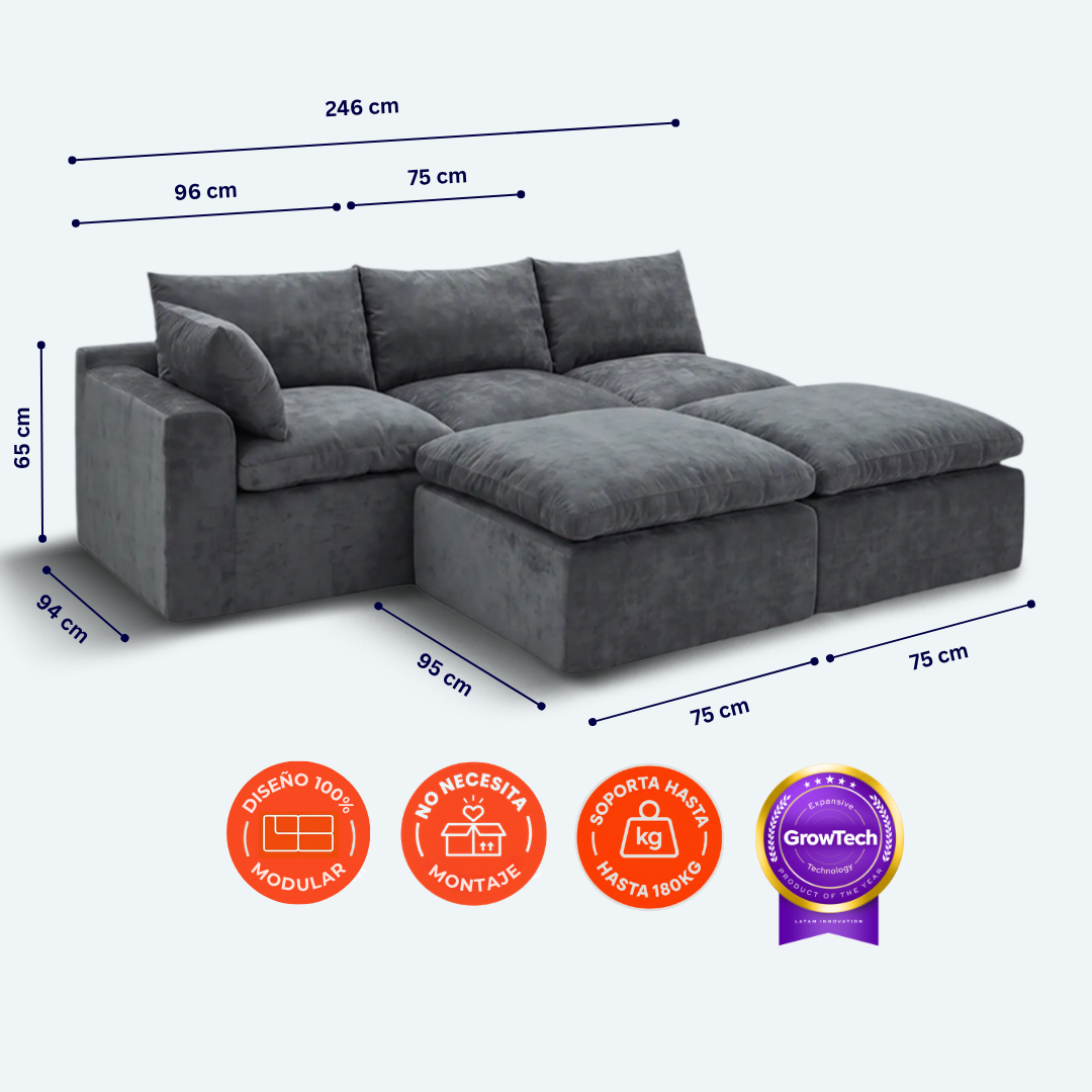 Sofá modular Cloud 3 plazas con 1 reposabrazos y 2 pouf
