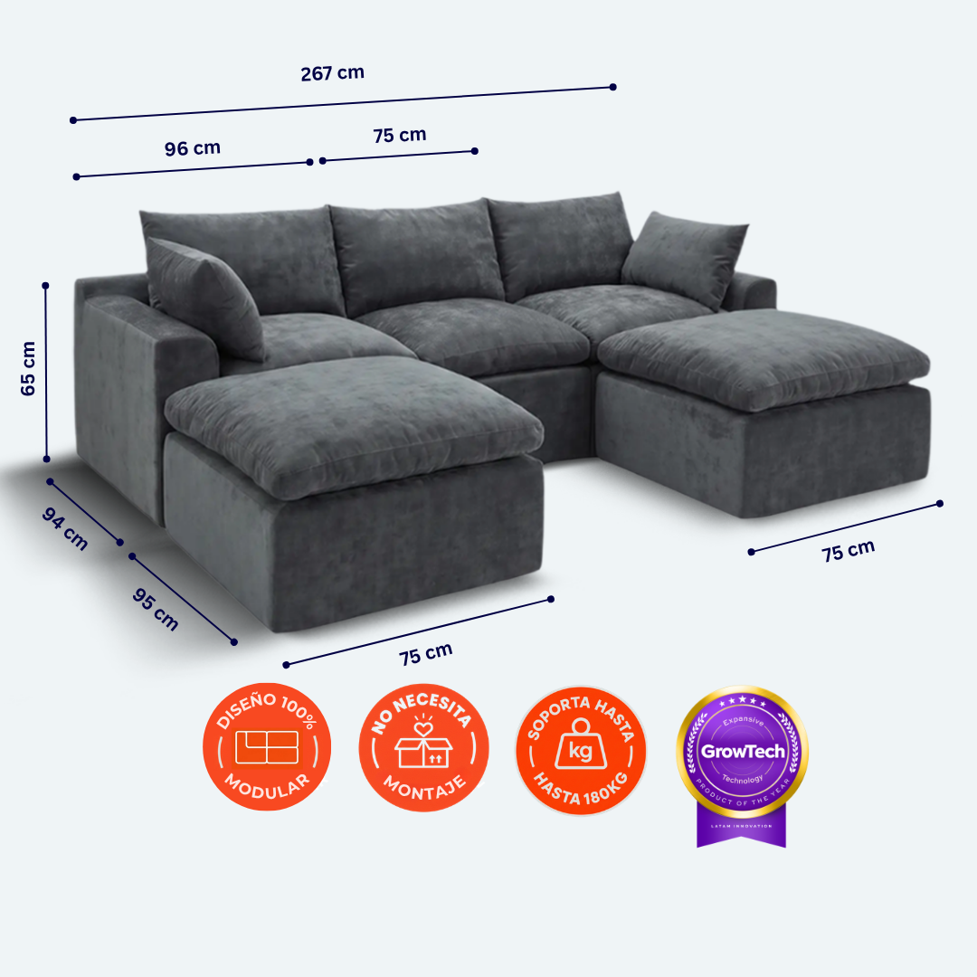 Sofá modular Cloud 3 plazas con 2 reposabrazos y 2 pouf