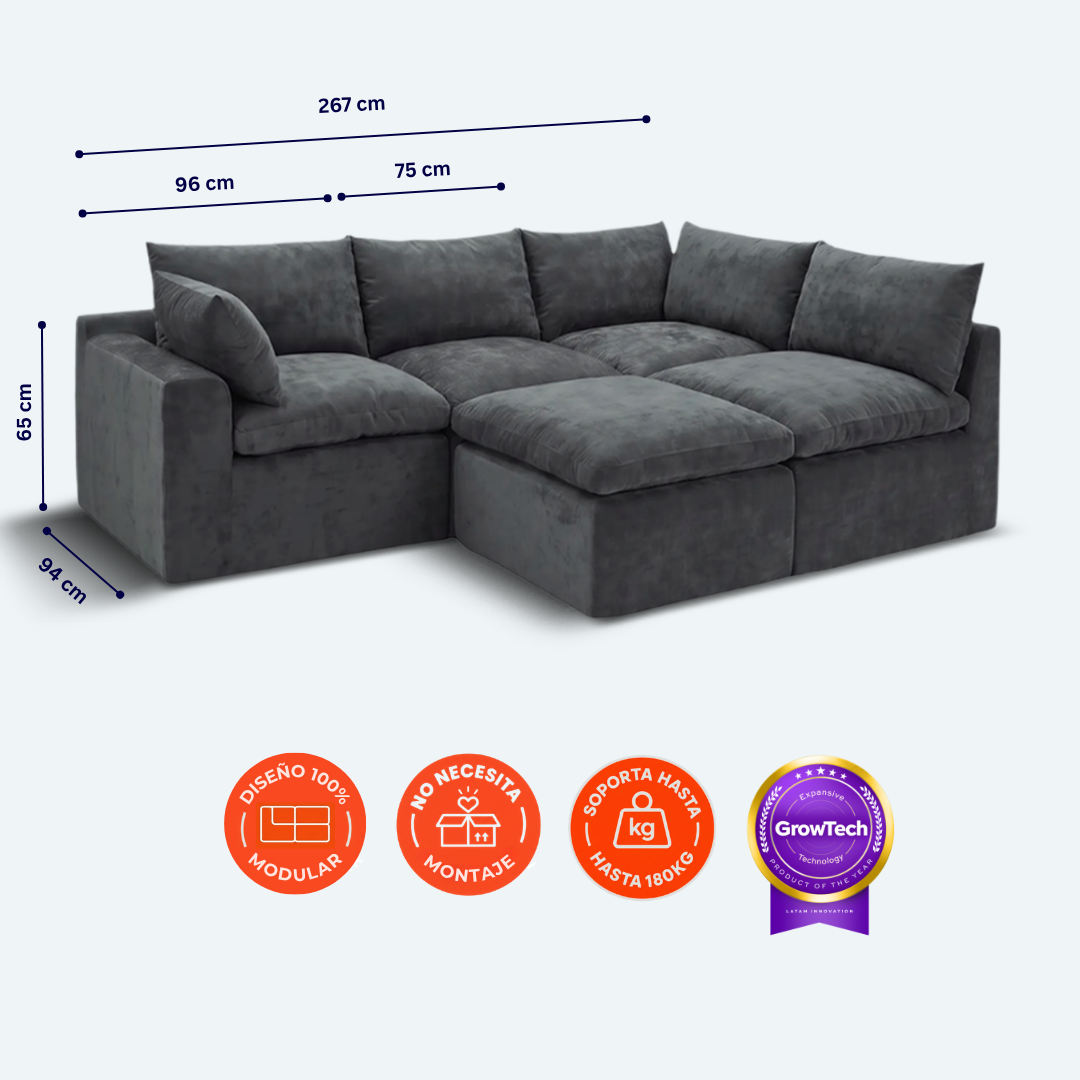 Sofá modular Cloud 4 plazas con 2 reposabrazos y pouf