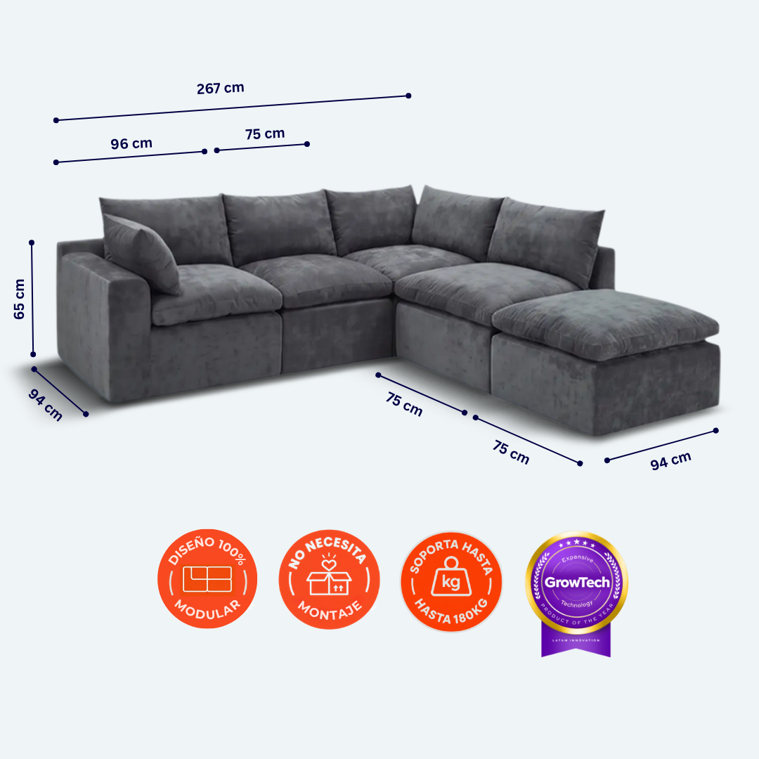 Sofá modular Cloud 4 plazas con 2 reposabrazos y pouf
