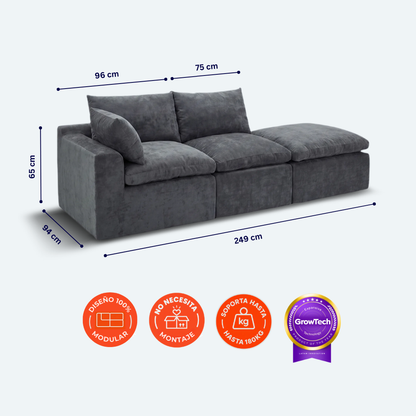 Sofá modular Cloud 2 plazas con 1 reposabrazos y pouf