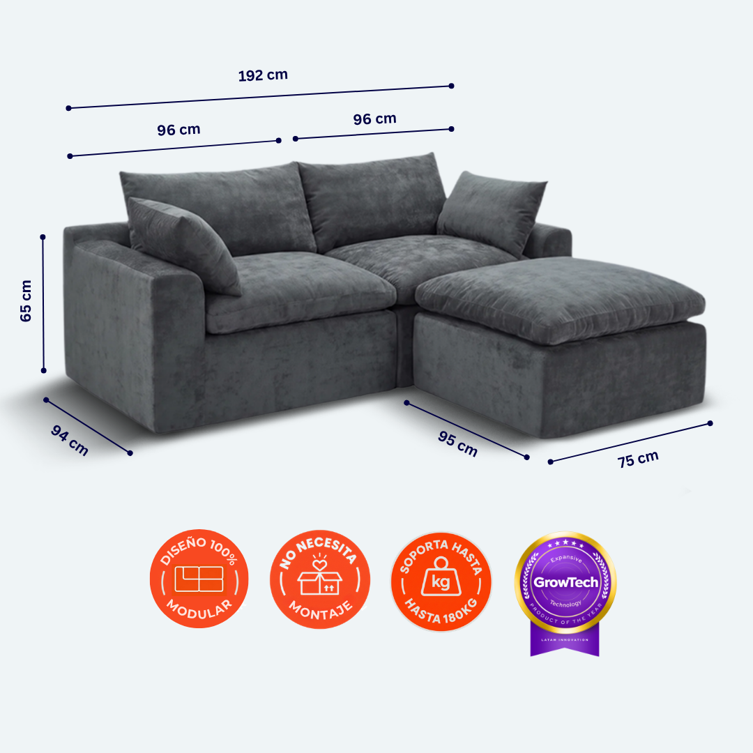 Sofá modular Cloud 2 plazas con 2 reposabrazos y pouf