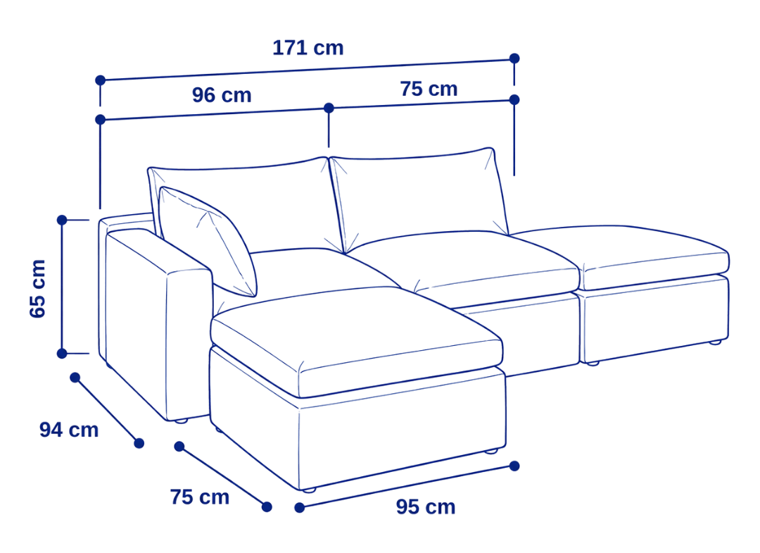 Sofá modular Cloud 2 plazas con 1 reposabrazos y 2 pouf