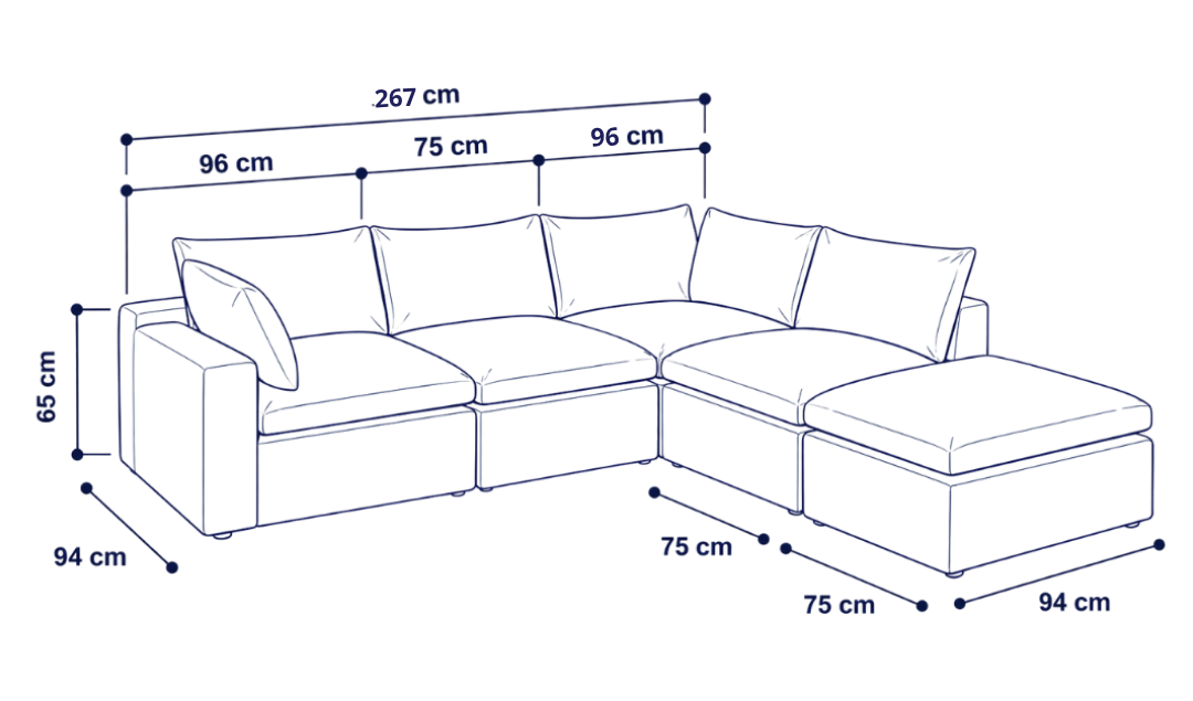 Sofá modular Cloud 4 plazas con 2 reposabrazos y pouf