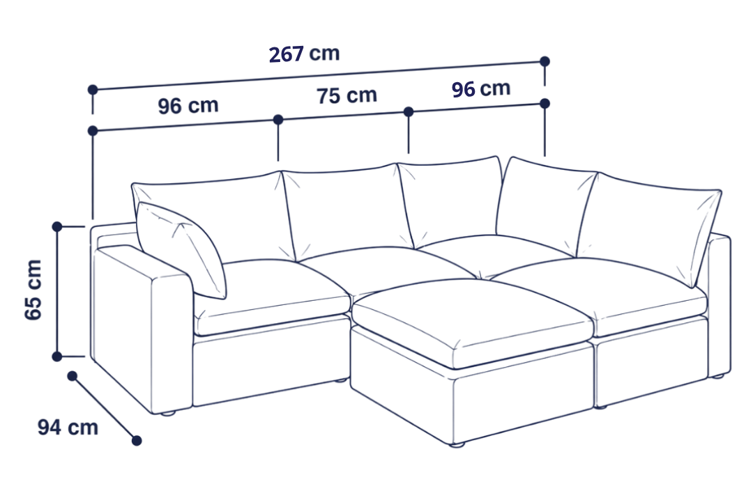 Sofá modular Cloud 4 plazas con 2 reposabrazos y pouf
