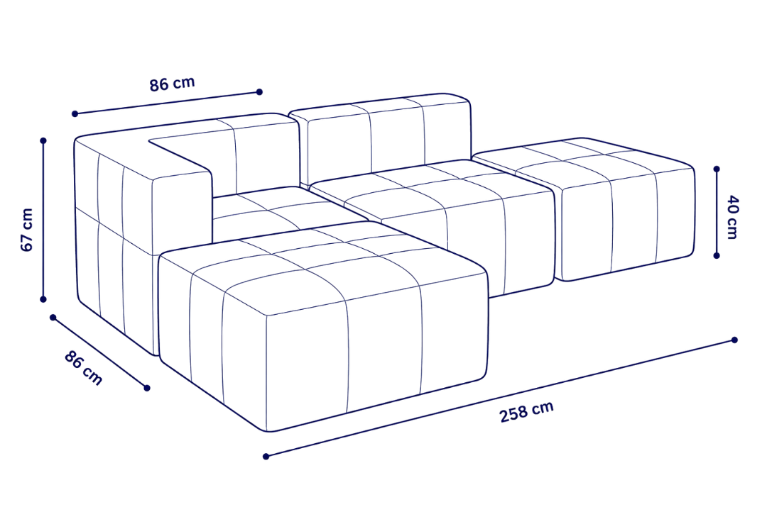 Sofá modular Bold 2 plazas con 1 reposabrazos y 2 pouf