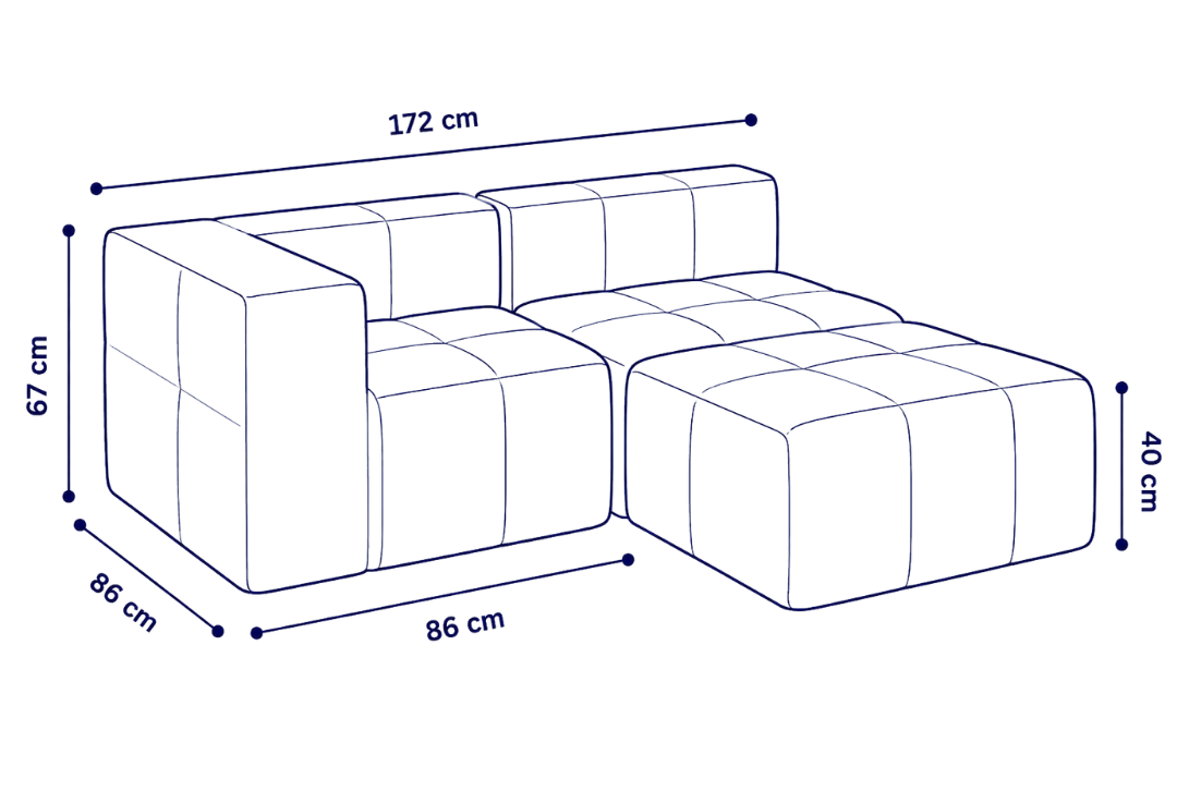 Sofá modular Bold 2 plazas con 1 reposabrazos y pouf
