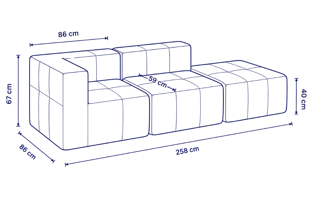 Sofá modular Bold 2 plazas con 1 reposabrazos y pouf