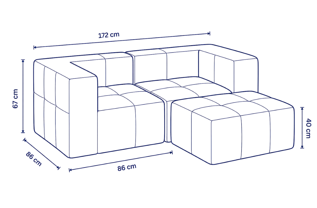 Sofá modular Bold 2 plazas con 2 reposabrazos y pouf