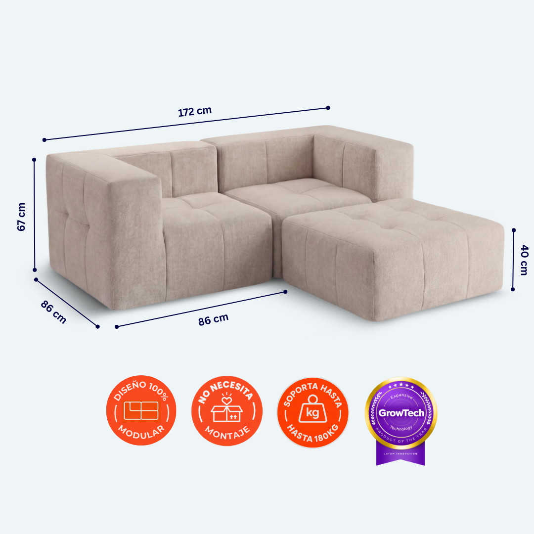 Sofá modular Bold 2 plazas con 2 reposabrazos y pouf