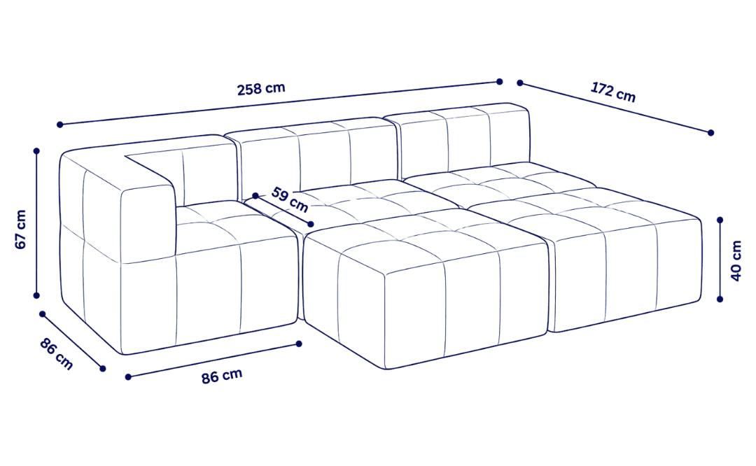 Sofá modular Bold 3 plazas con 1 reposabrazos y 2 pouf