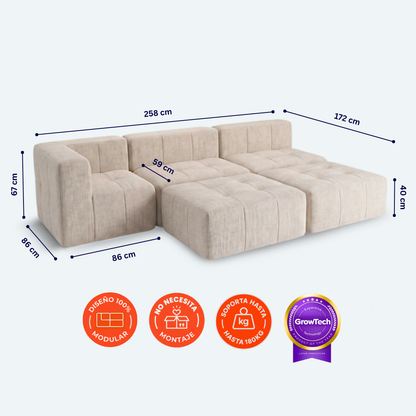 Sofá modular Bold 3 plazas con 1 reposabrazos y 2 pouf