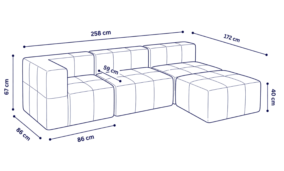 Sofá modular Bold 3 plazas con 1 reposabrazos y pouf