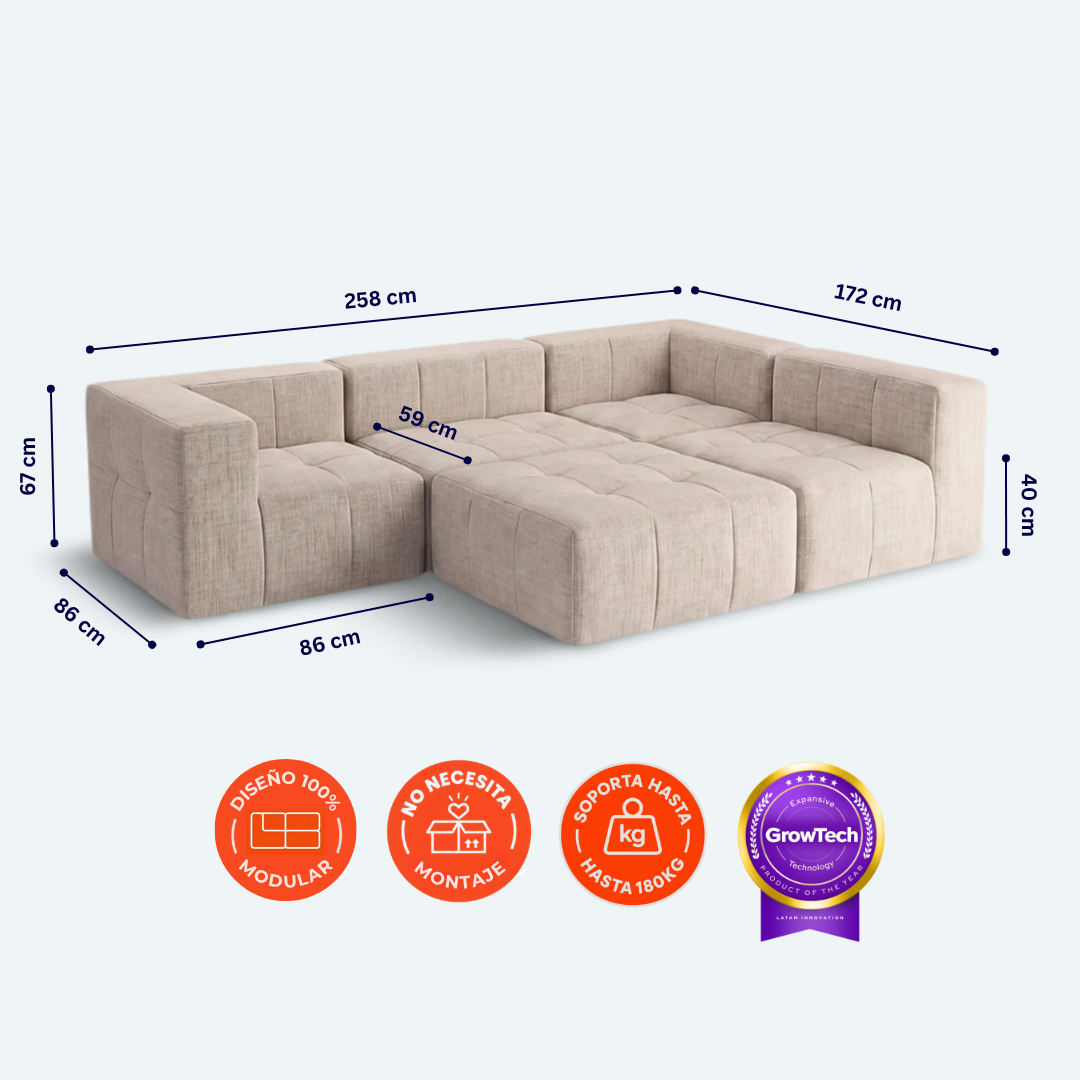 Sofá modular Bold 3 plazas con 2 reposabrazos y 1 pouf