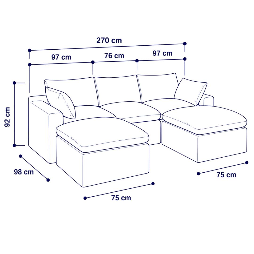 Sofá modular Cloud 3 plazas con 2 reposabrazos y 2 pouf