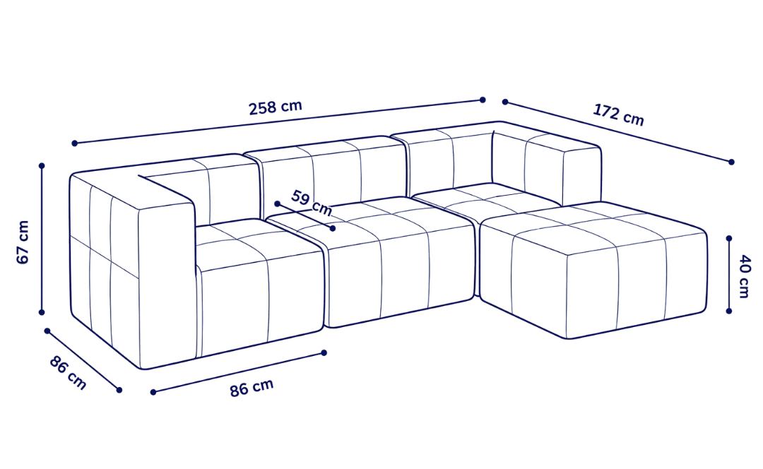 Sofá modular Bold 3 plazas con 2 reposabrazos y pouf
