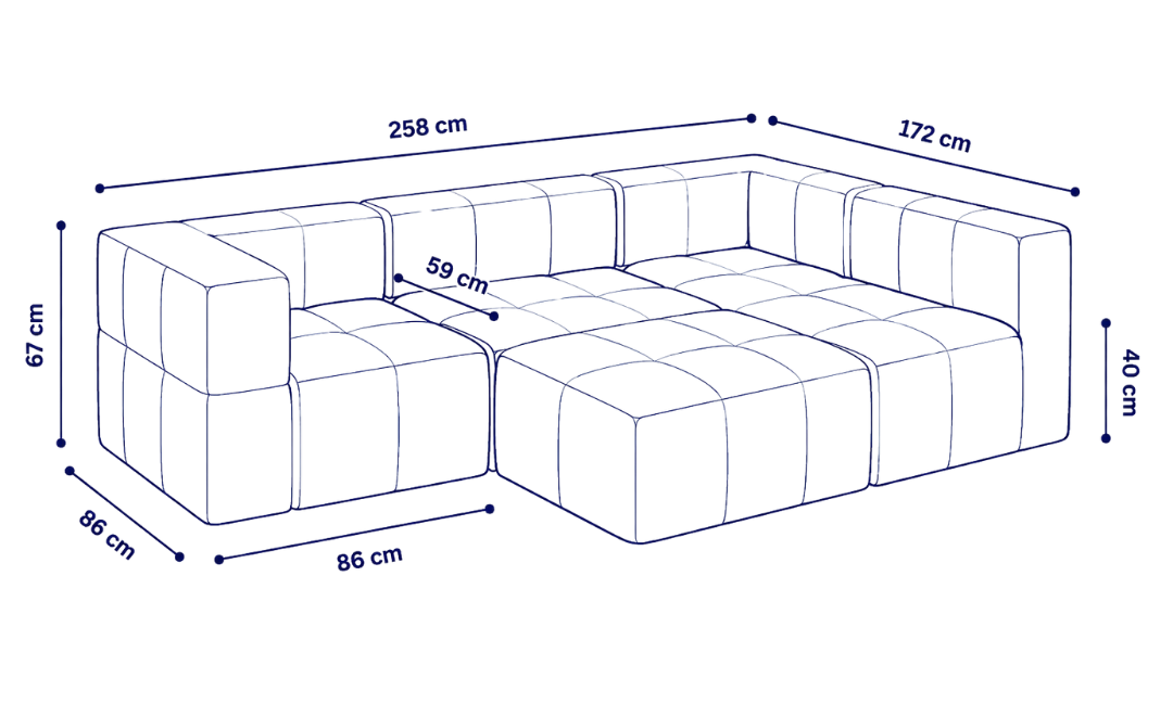 Sofá modular Bold 4 plazas con 2 reposabrazos y pouf