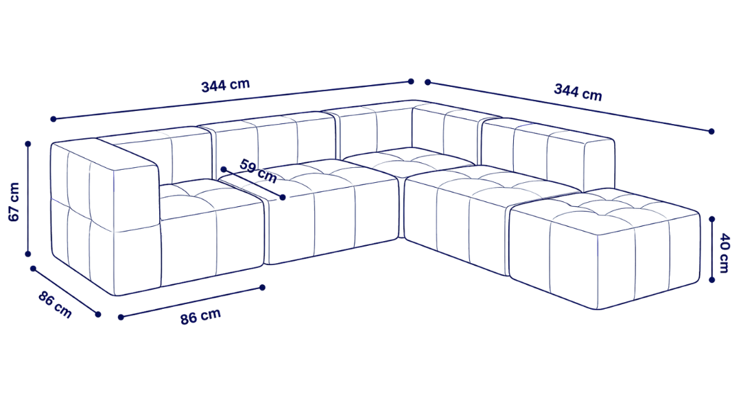 Sofá modular Bold 4 plazas con 2 reposabrazos y pouf