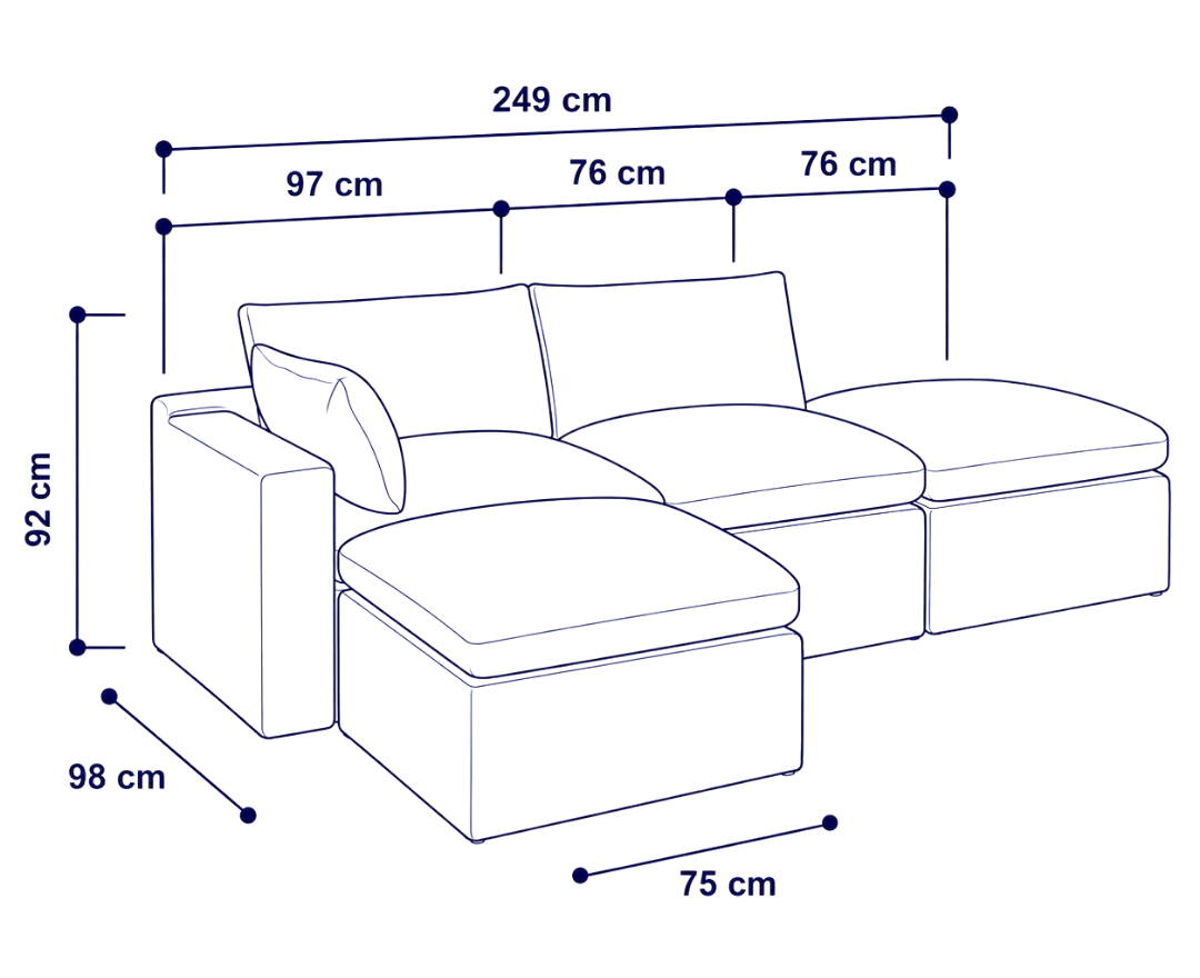 Sofá modular Cloud 2 plazas con 1 reposabrazos y 2 pouf