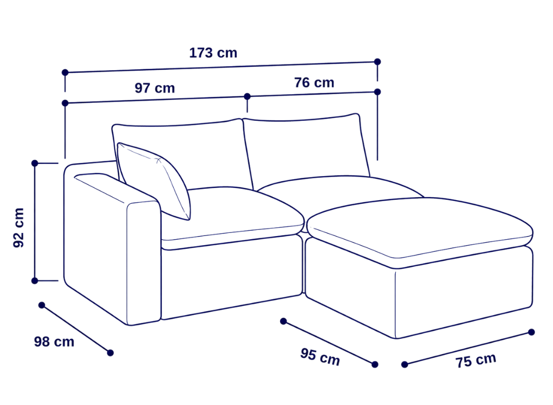 Sofá modular Cloud 2 plazas con 1 reposabrazos y pouf