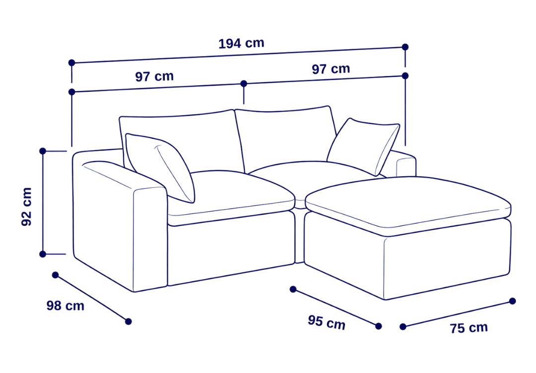 Sofá modular Cloud 2 plazas con 2 reposabrazos y pouf