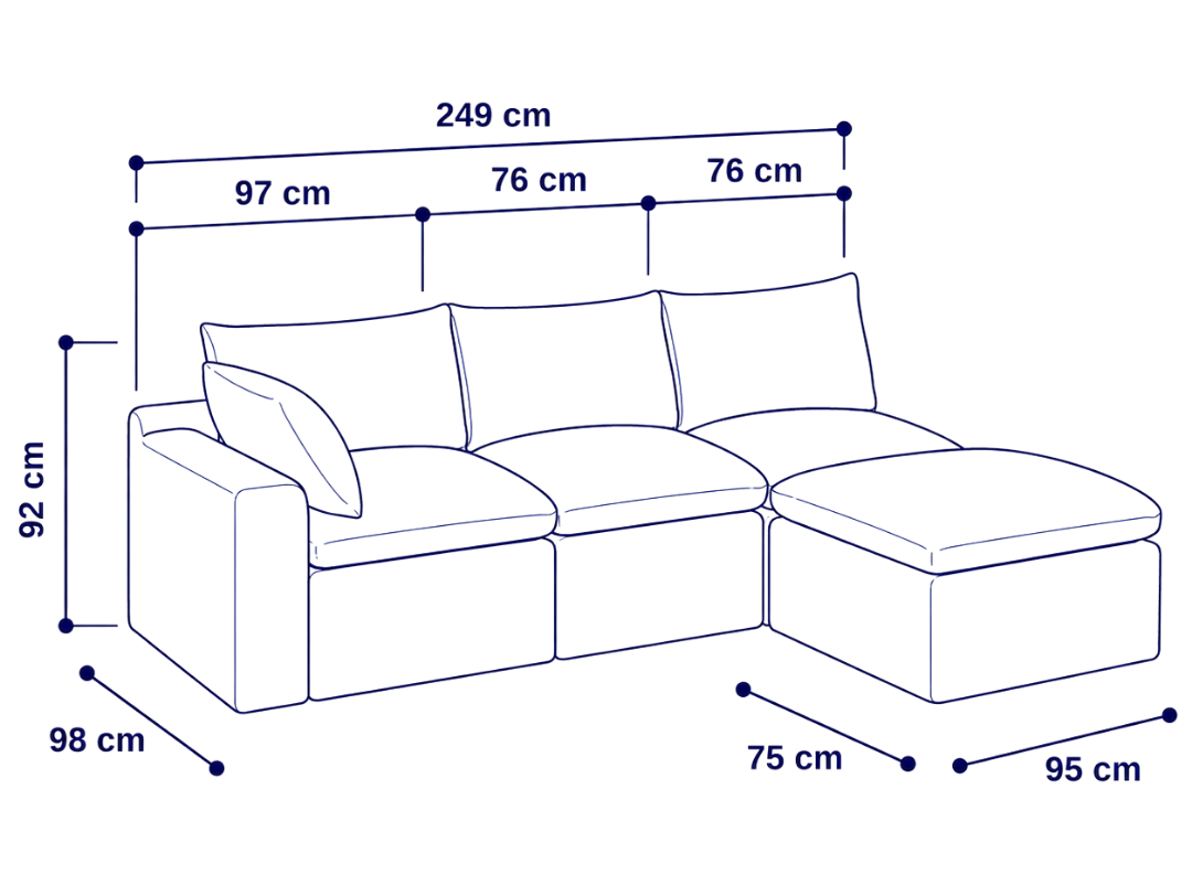 Sofá modular Cloud 3 plazas con 1 reposabrazos y pouf