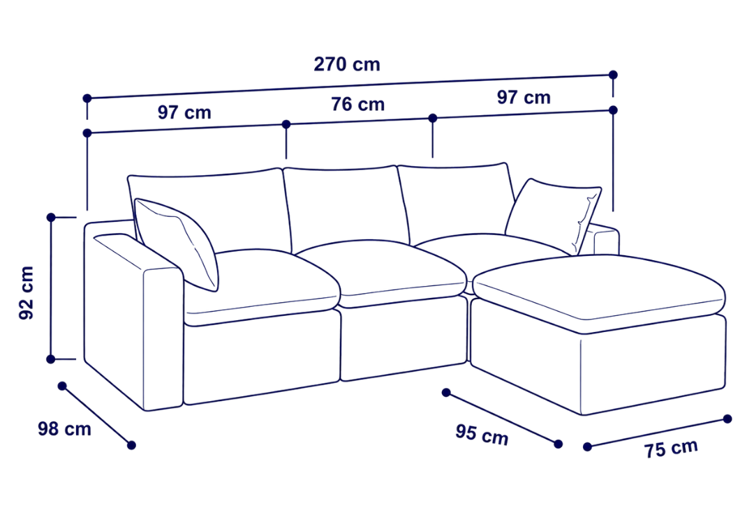 Sofá modular Cloud 3 plazas con 2 reposabrazos y pouf