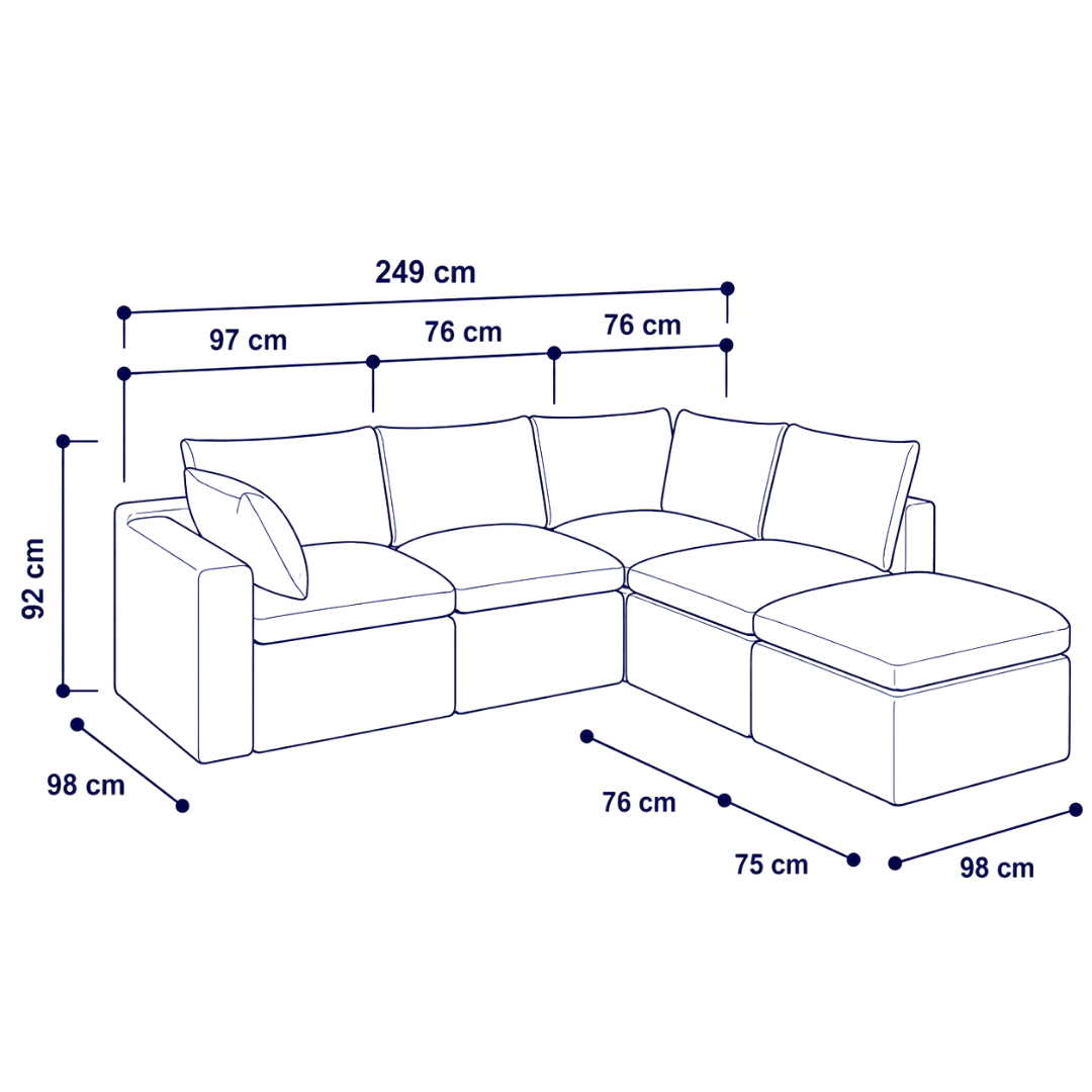 Sofá modular Cloud 4 plazas con 2 reposabrazos y pouf