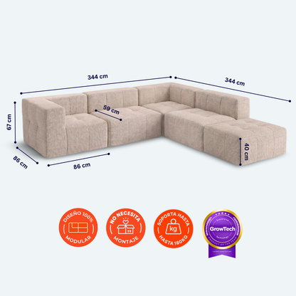 Sofá modular Bold 3 plazas con 1 reposabrazos y pouf