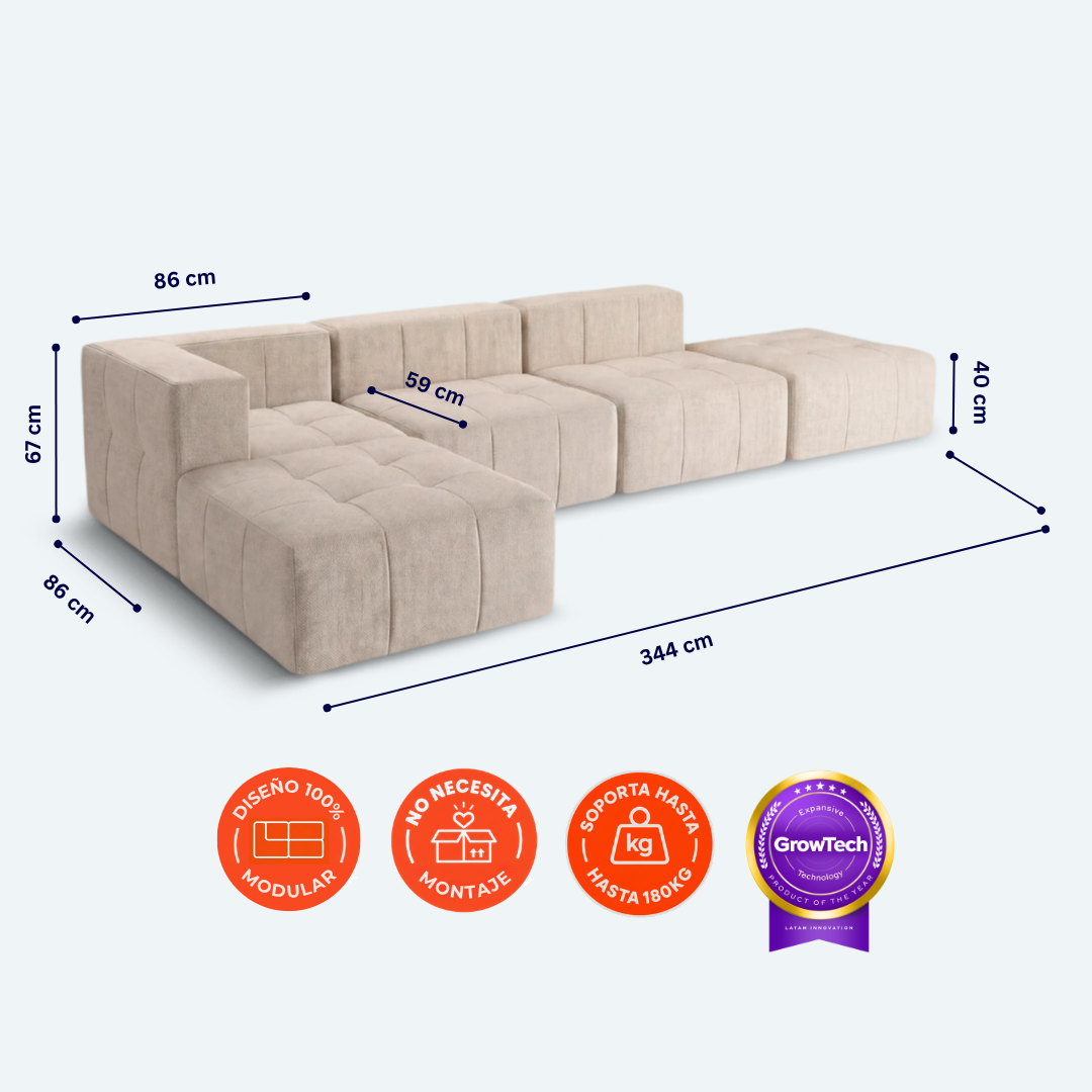 Sofá modular Bold 2 plazas con 1 reposabrazos y 2 pouf