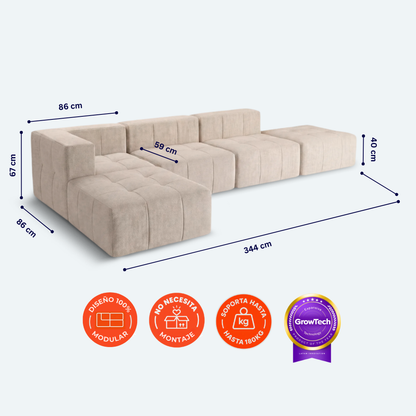 Sofá modular Bold 2 plazas con 1 reposabrazos y 2 pouf