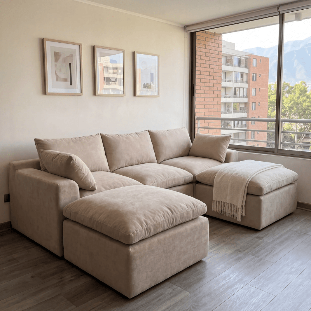 Sofá modular Cloud 2 plazas con 1 reposabrazos y pouf